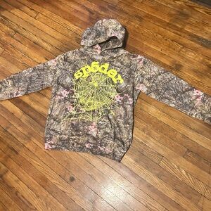 Spyder Pink-Accent Camouflage Hoodie with Neon Yellow Spiderweb